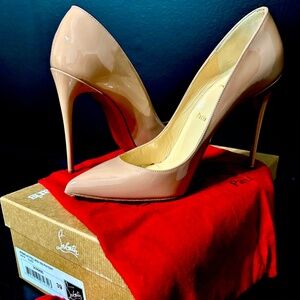 Christian Louboutin Pigalle Follies 100 Nude Patent Leather Pumps – Box, Dust Ba